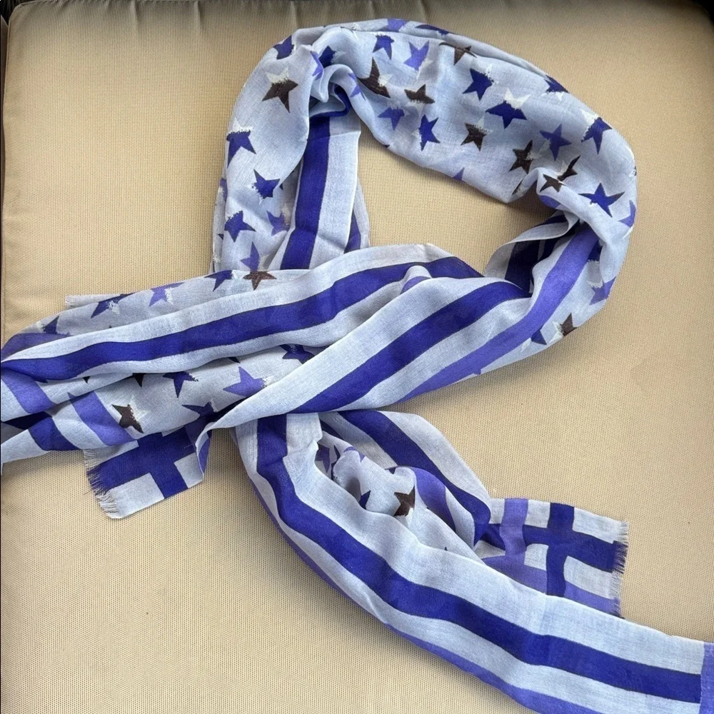 GERARD DAREL Star Patterned Gray and Blue Scarf 100% Wool